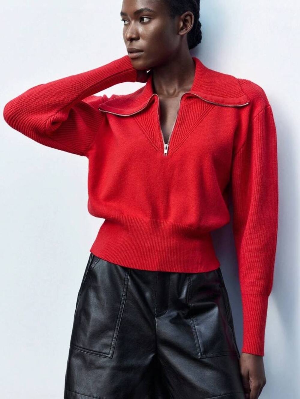 Zara Women's Red Knit 1/4 Zip Collared Long Sleeve Pullover Sweater Top Size L